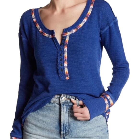 Free People Rainbow Thermal Henley Top XS Blue Long Sleeve Embroidered Boho - Picture 1 of 7